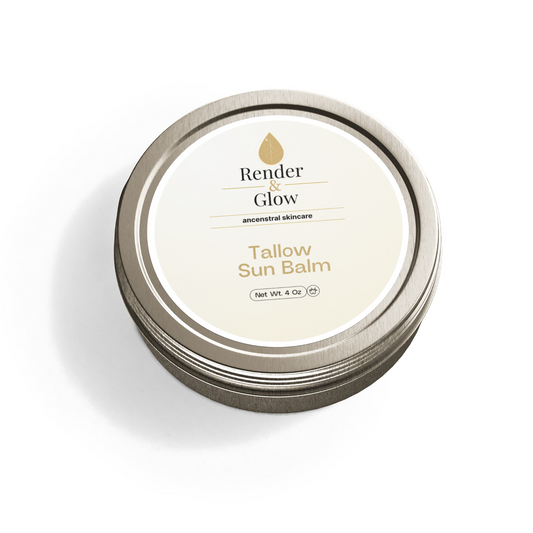 A round metal tin of Render & Glow Tallow Sun Balm natural sunscreen sits on a white background.