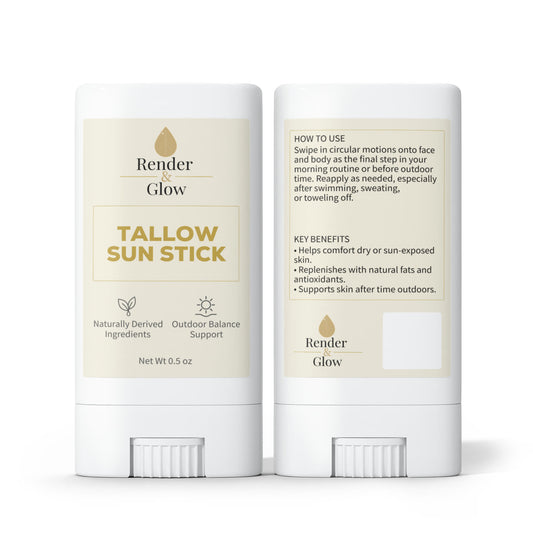 Render & Glow Tallow Sun Stick (2-Pack) with zinc oxide, labels show product details and instructions.