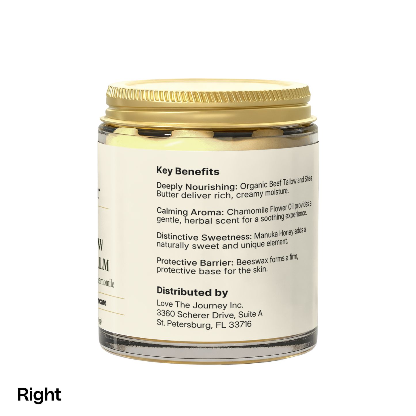A gold-lidded Render & Glow Tallow Body Balm jar offers intense daily hydration, label includes company info.