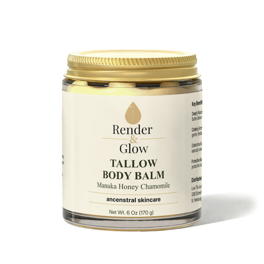 Render & Glow Tallow Body Balm, Manuka Honey Chamomile, intense hydration, gold lid, on a white background.