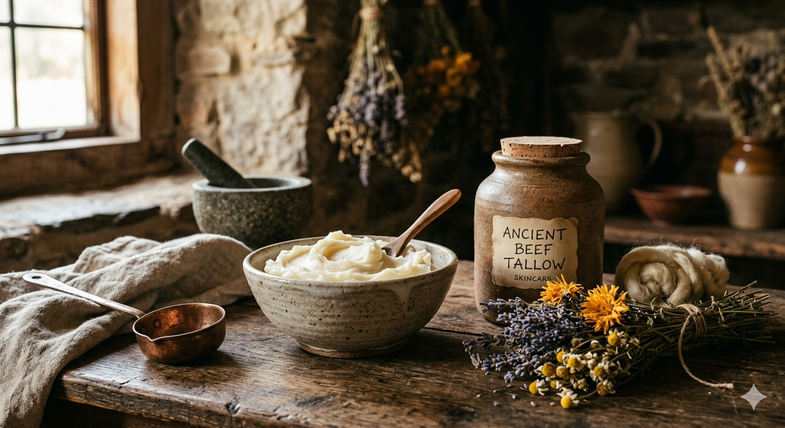An old jar of ancient beef tallow sitting on a wooden table next to colorful flowers.