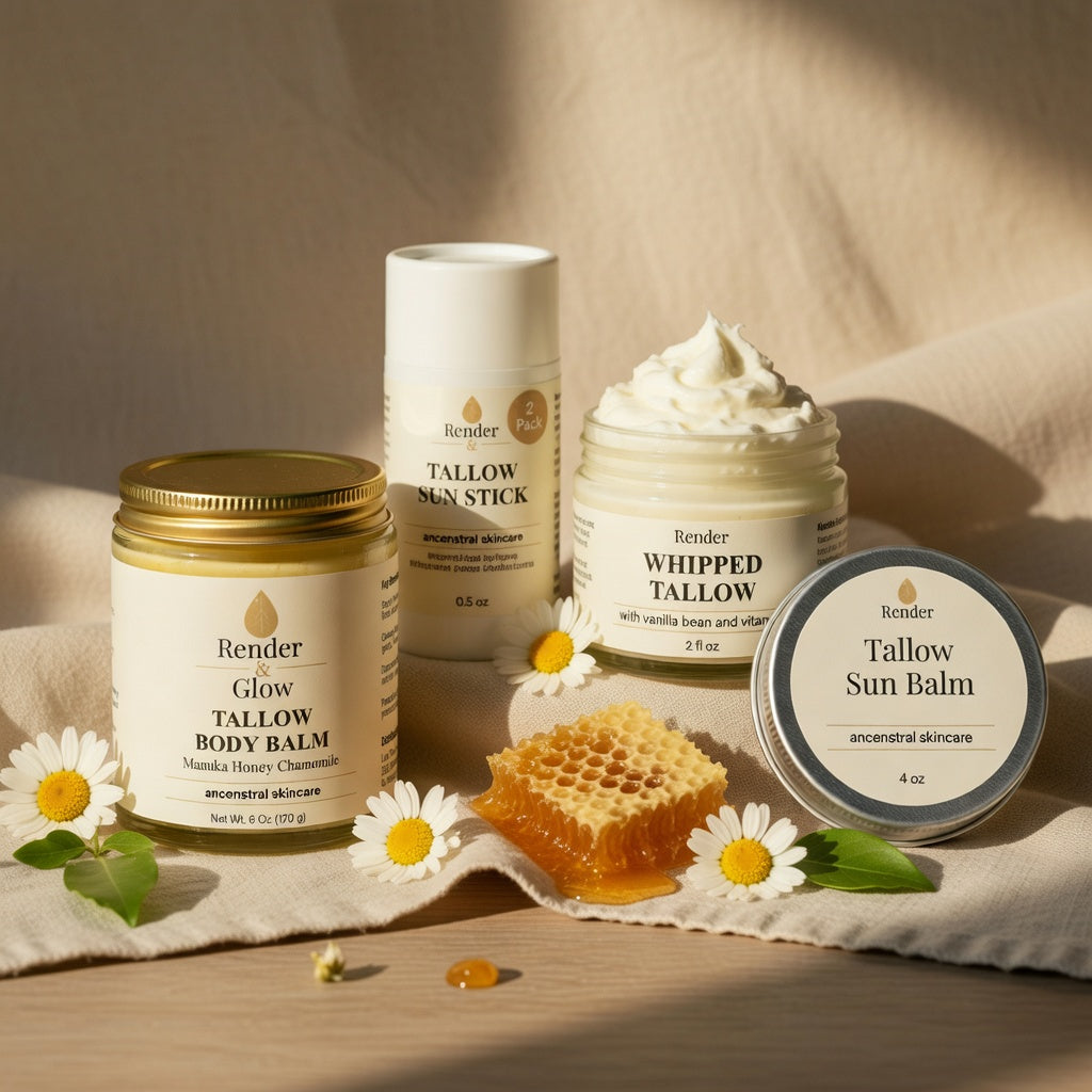An image of different beef tallow products from Render & Glow that helps with relief of dry, cracked skin from eczema