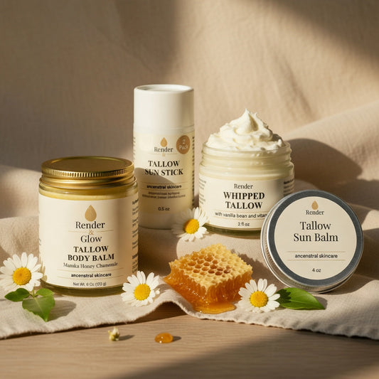 An image of different beef tallow products from Render & Glow that helps with relief of dry, cracked skin from eczema