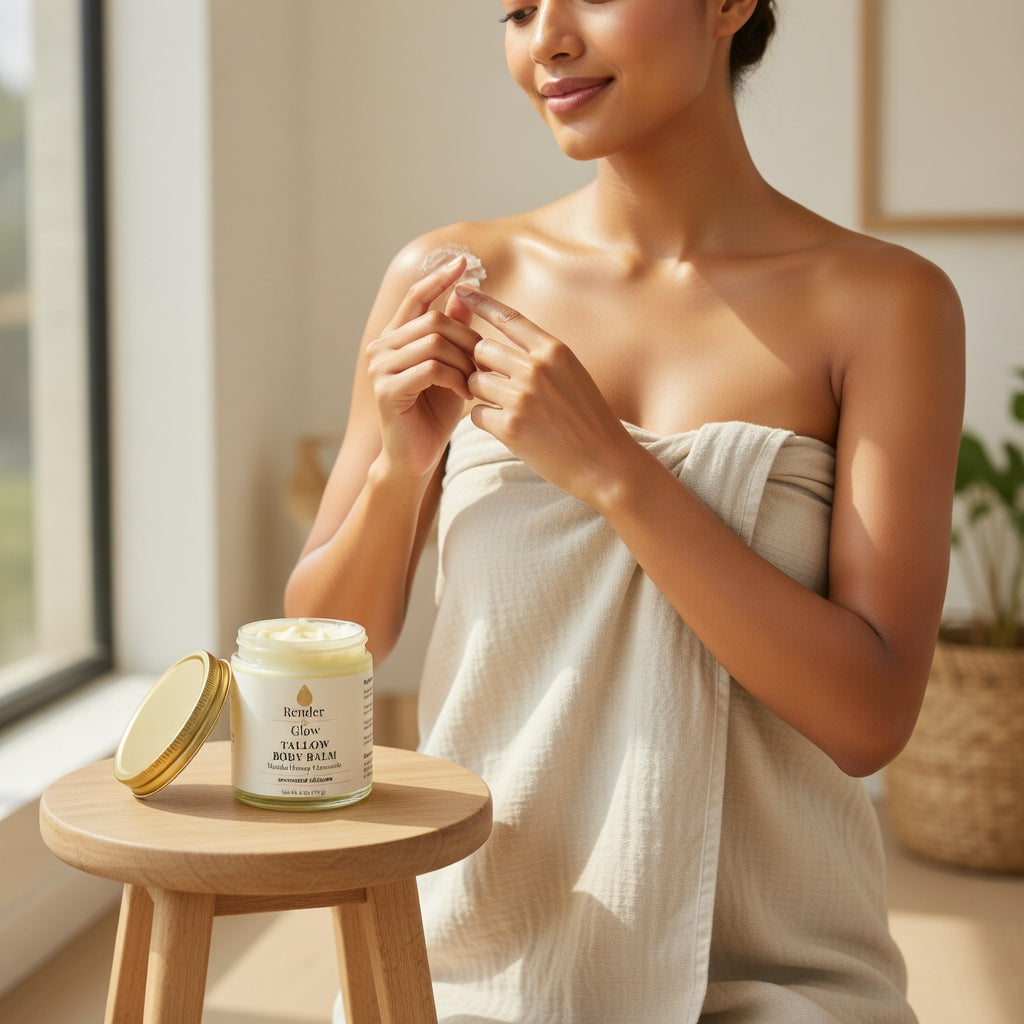 Woman applying Render & Glow grass-fed Tallow Body Balm to dry skin in a bright natural bathroom