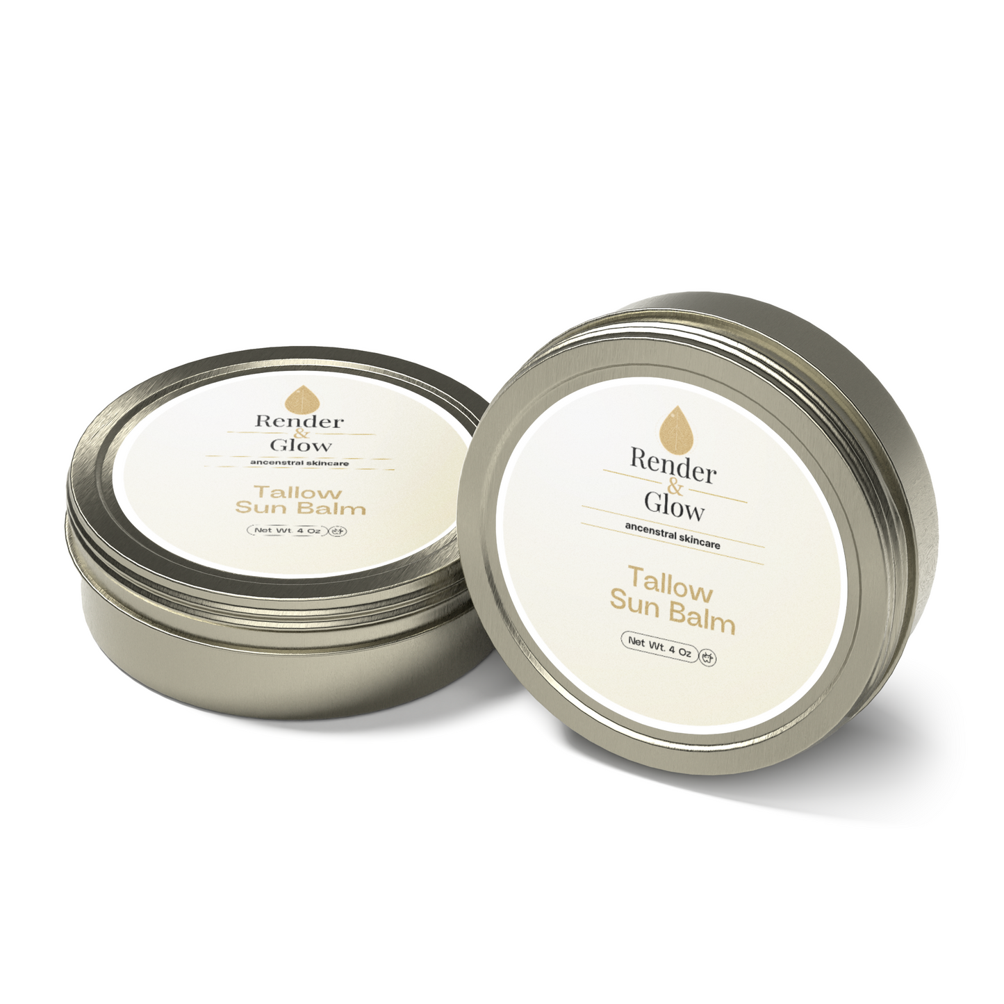 Two round tins of Render & Glow Tallow Sun Balm, a natural sunscreen, rest on a white background—one open, one closed.