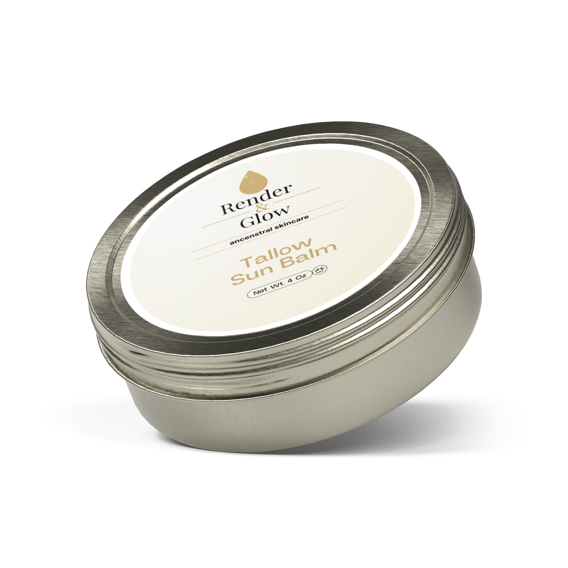 A 4 oz metal tin of Render & Glow Tallow Sun Balm, natural sunscreen with a white and gold lid.
