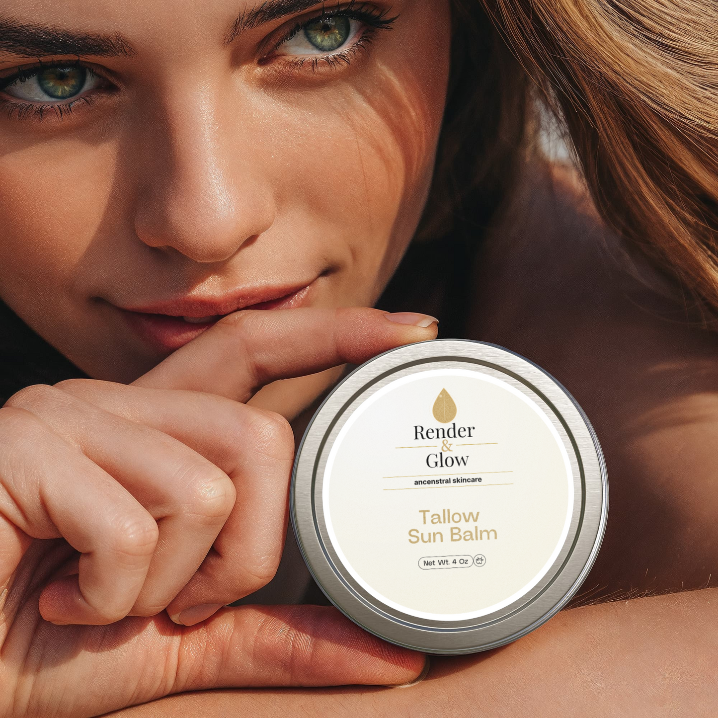 A woman smiles, holding Render & Glow’s Tallow Sun Balm, a natural sunscreen, close to her face in sunlight.