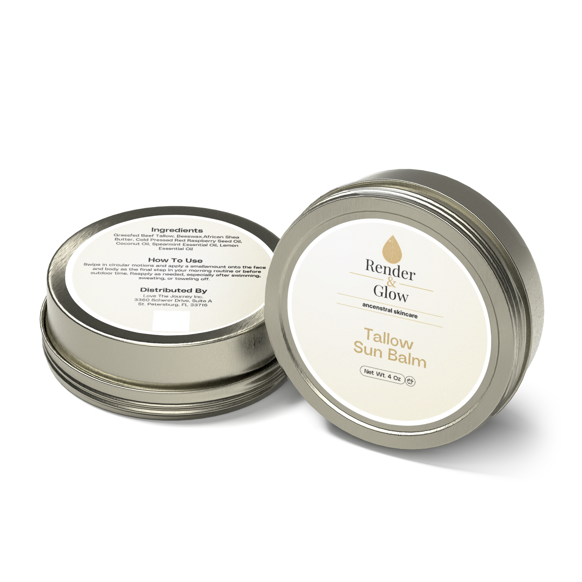 Two Render & Glow Tallow Sun Balm tins—one displays the label, the other shows ingredients and usage.