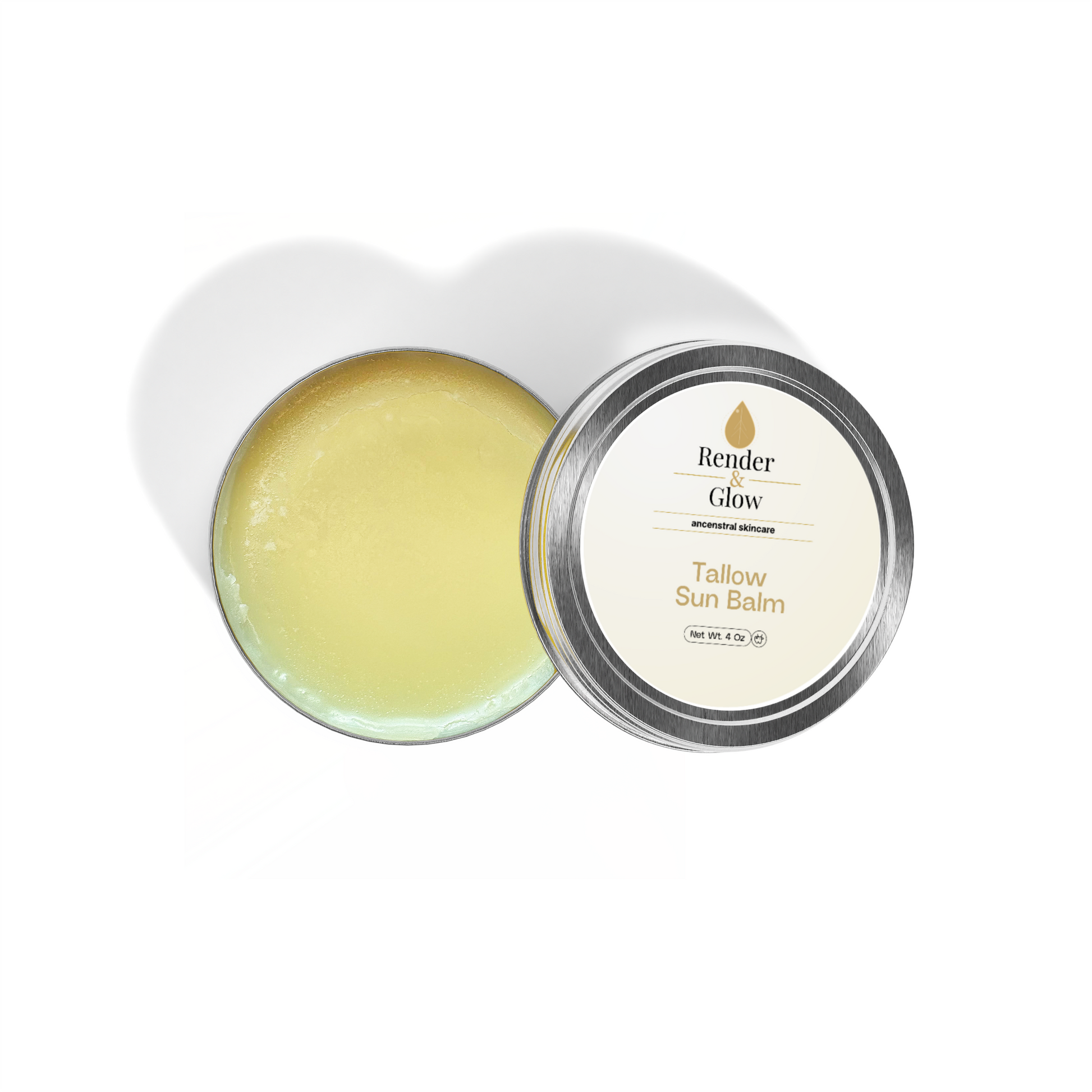 Open Render & Glow Tallow Sun Balm—yellow balm inside, metal lid labeled for natural, mineral sun protection.
