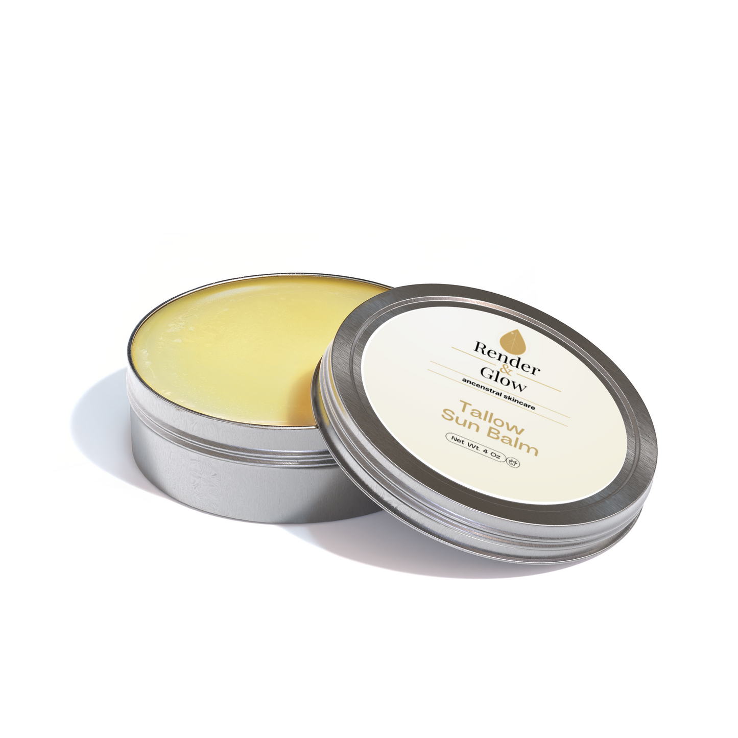 An open metal tin of Render & Glow Tallow Sun Balm reveals the natural yellow sunscreen inside.