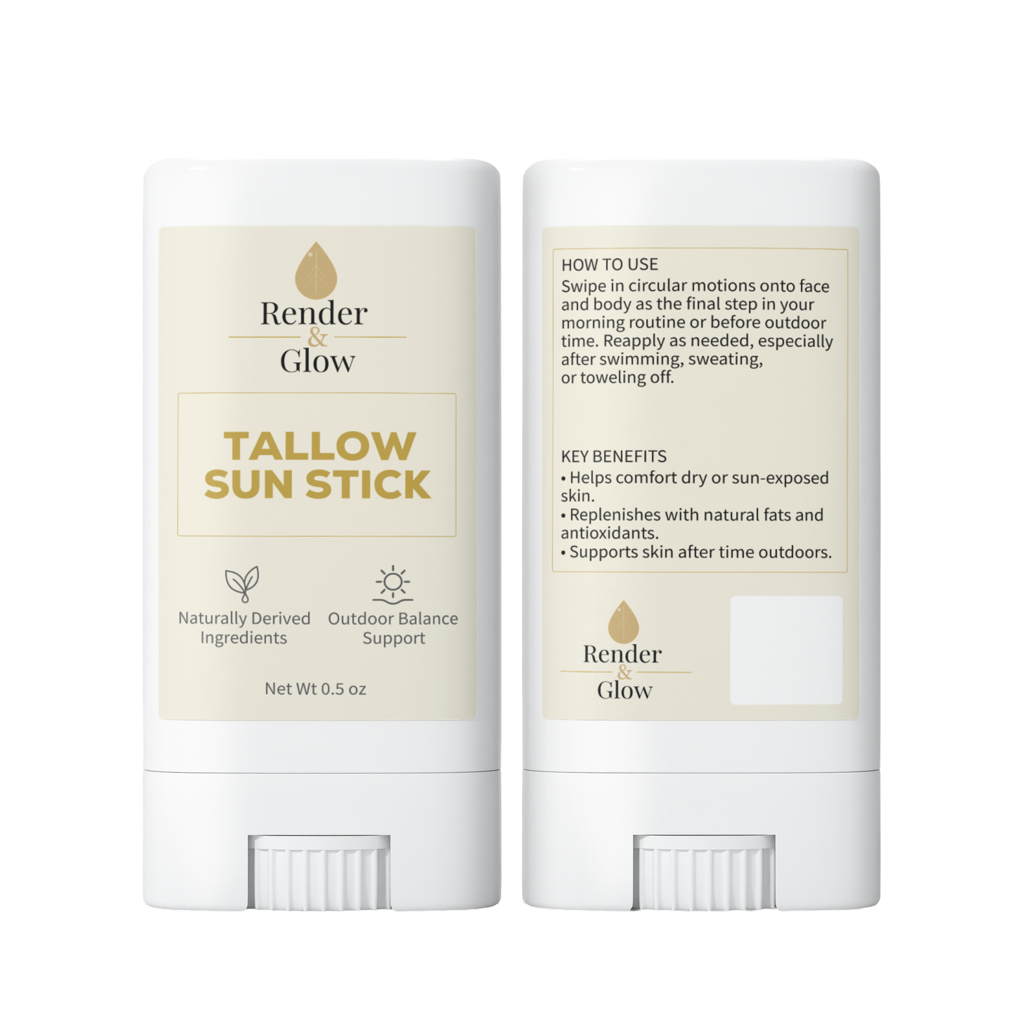 Render & Glow Tallow Sun Stick (2-Pack), a zinc oxide balm, with both front and back labels shown.