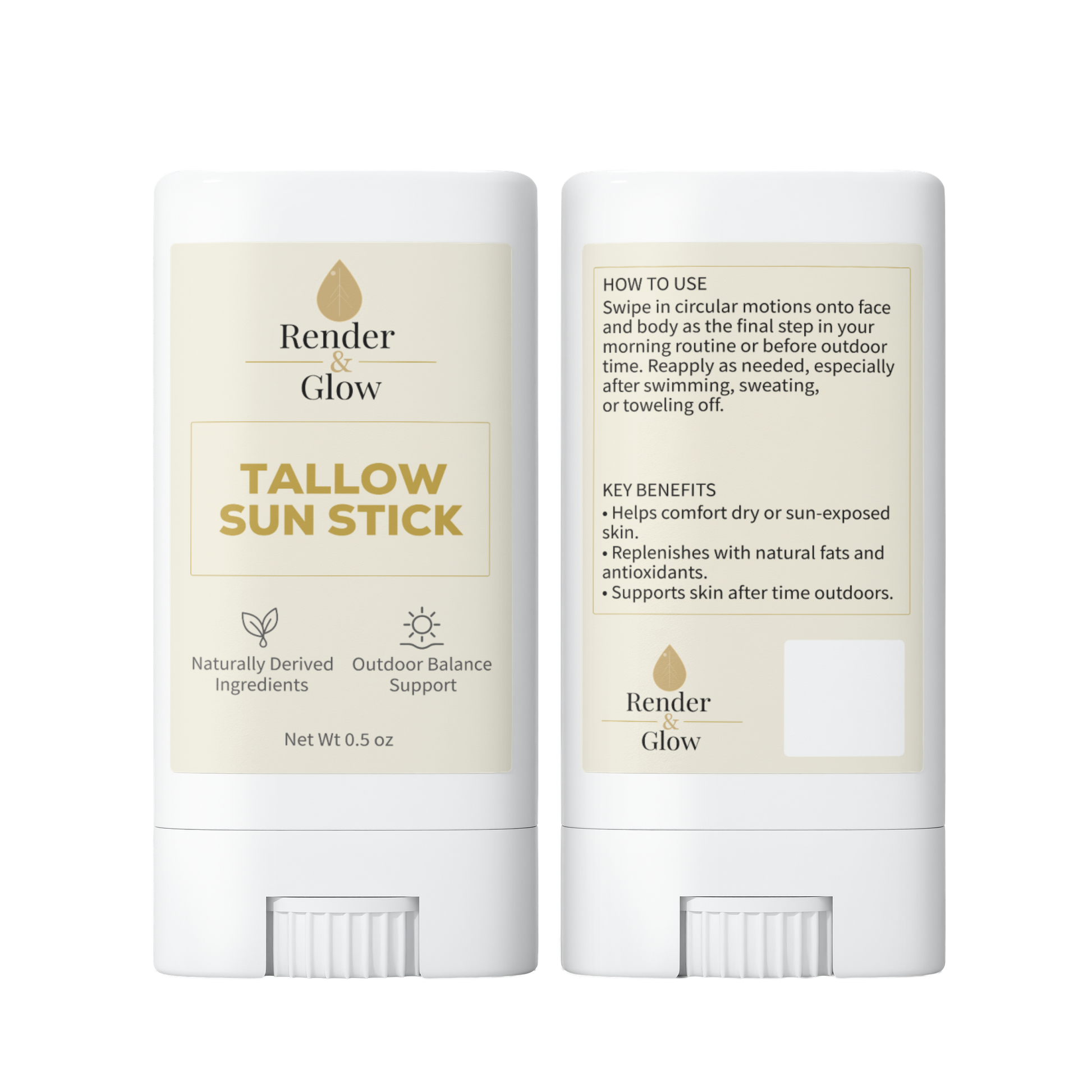 Render & Glow Tallow Sun Stick (2-Pack), a zinc oxide balm, with both front and back labels shown.