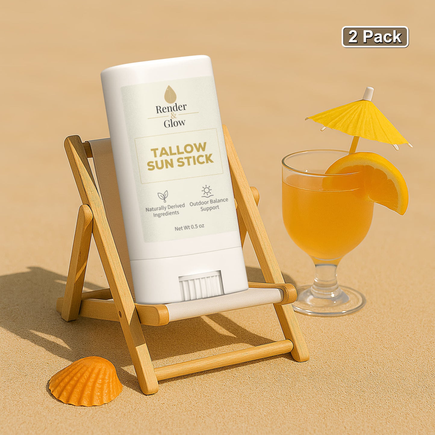 A Render & Glow Tallow Sun Stick (2-Pack) on a mini chair beside a drink and seashell, displayed on sand.