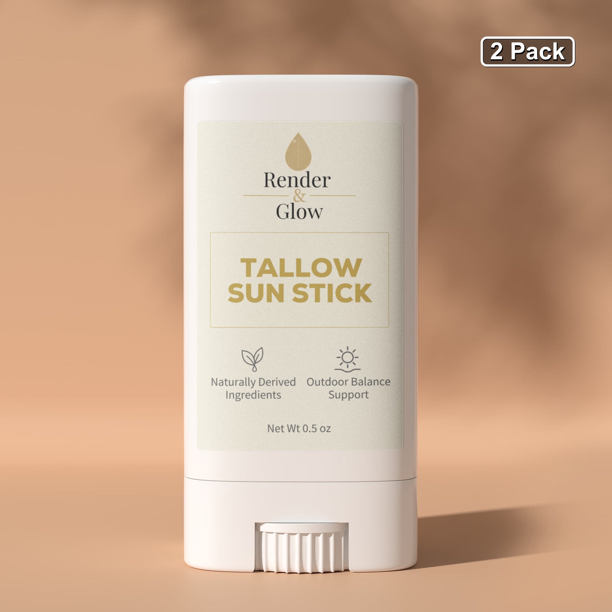 Render & Glow Tallow Sun Stick 2-Pack features mineral balm in white tubes with zinc oxide and natural ingredients.