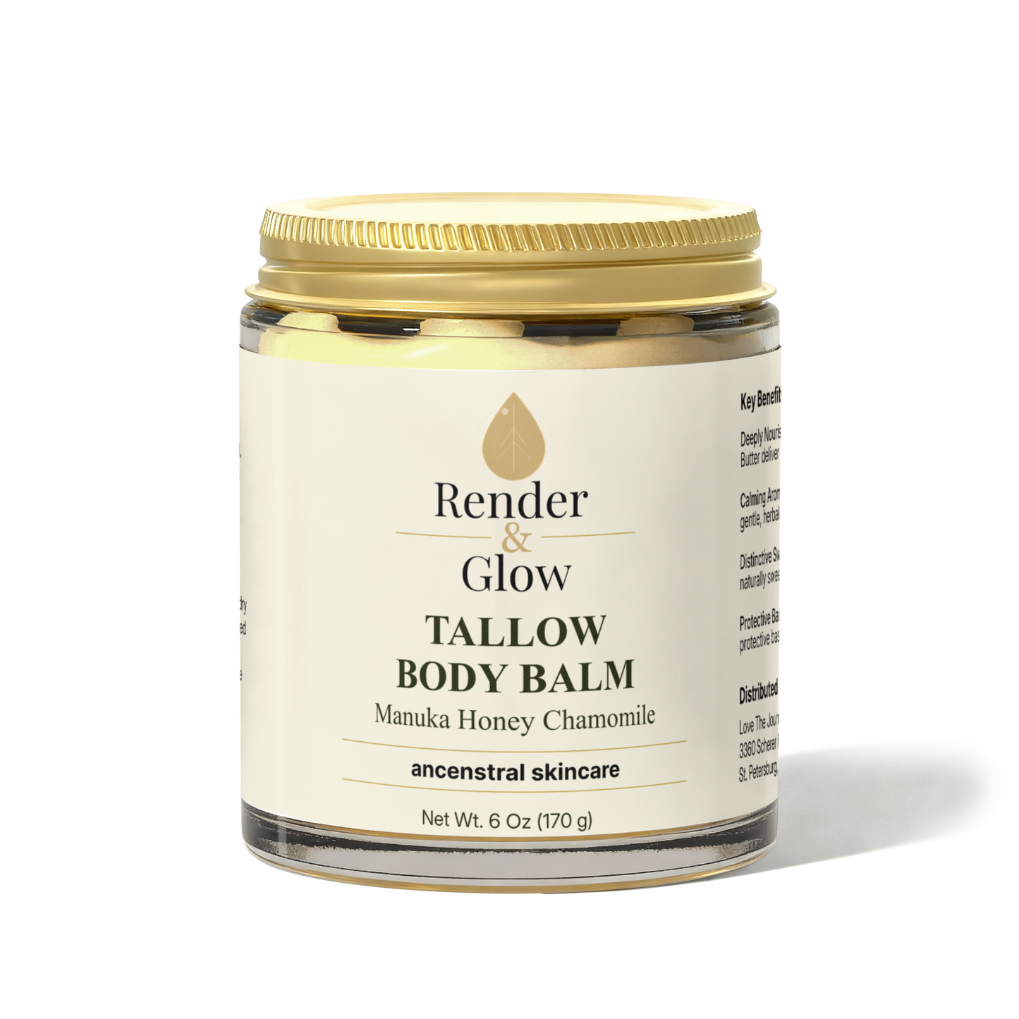 Render & Glow Tallow Body Balm with Manuka Honey Chamomile offers intense daily hydration from grass-finished beef tallow.