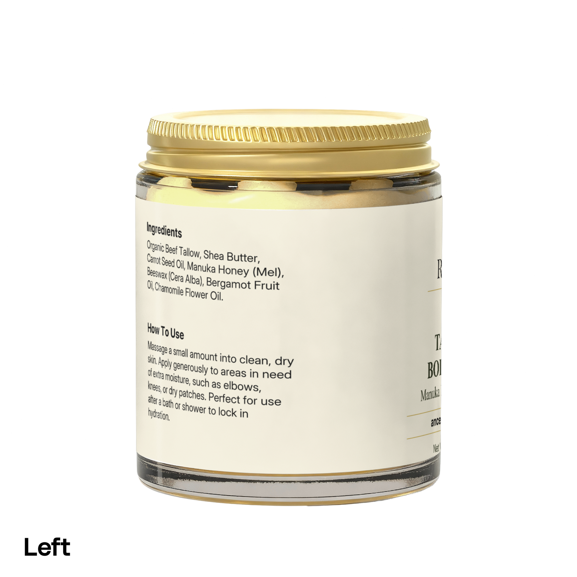 Render & Glow Tallow Body Balm in a glass jar delivers intense hydration; ingredients and instructions on the label.