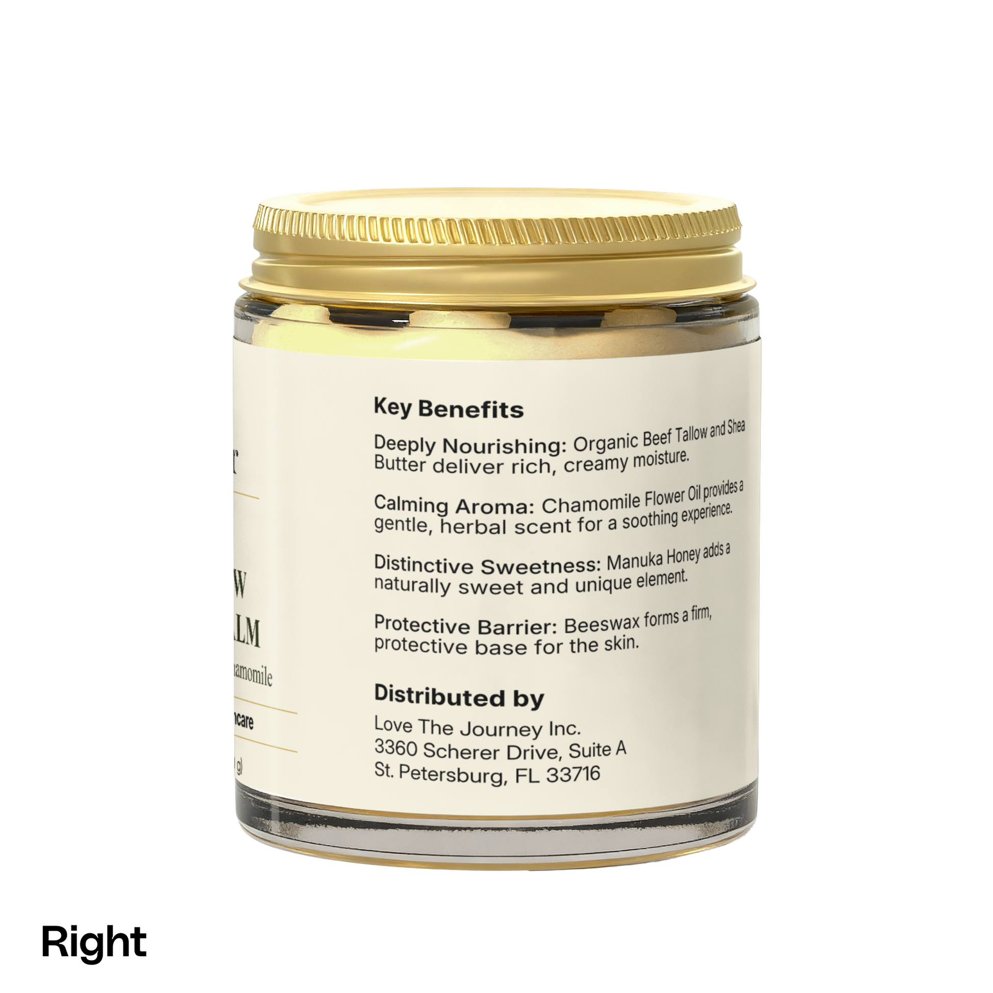 A gold-lidded Render & Glow Tallow Body Balm jar offers intense daily hydration, label includes company info.