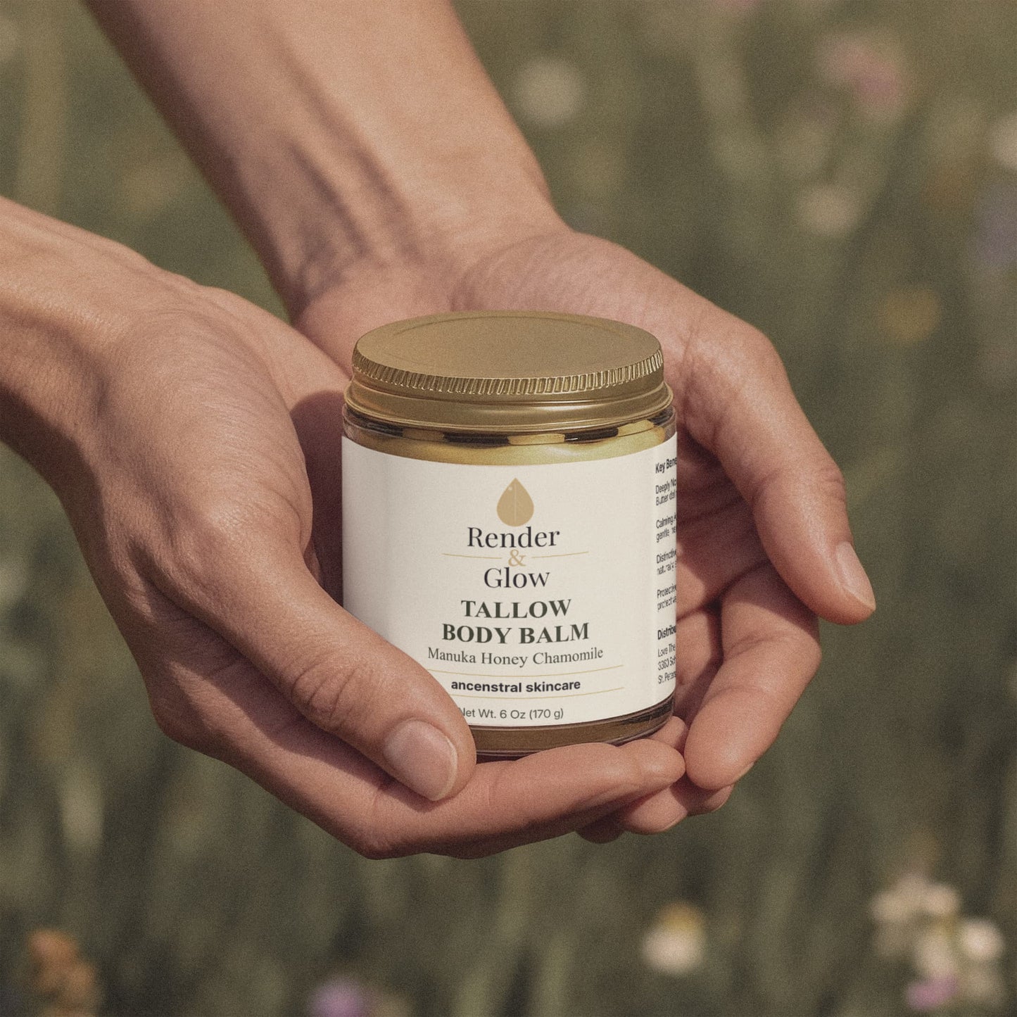 Hands holding a jar of Render & Glow Tallow Body Balm, made with grass-finished beef tallow, outdoors.