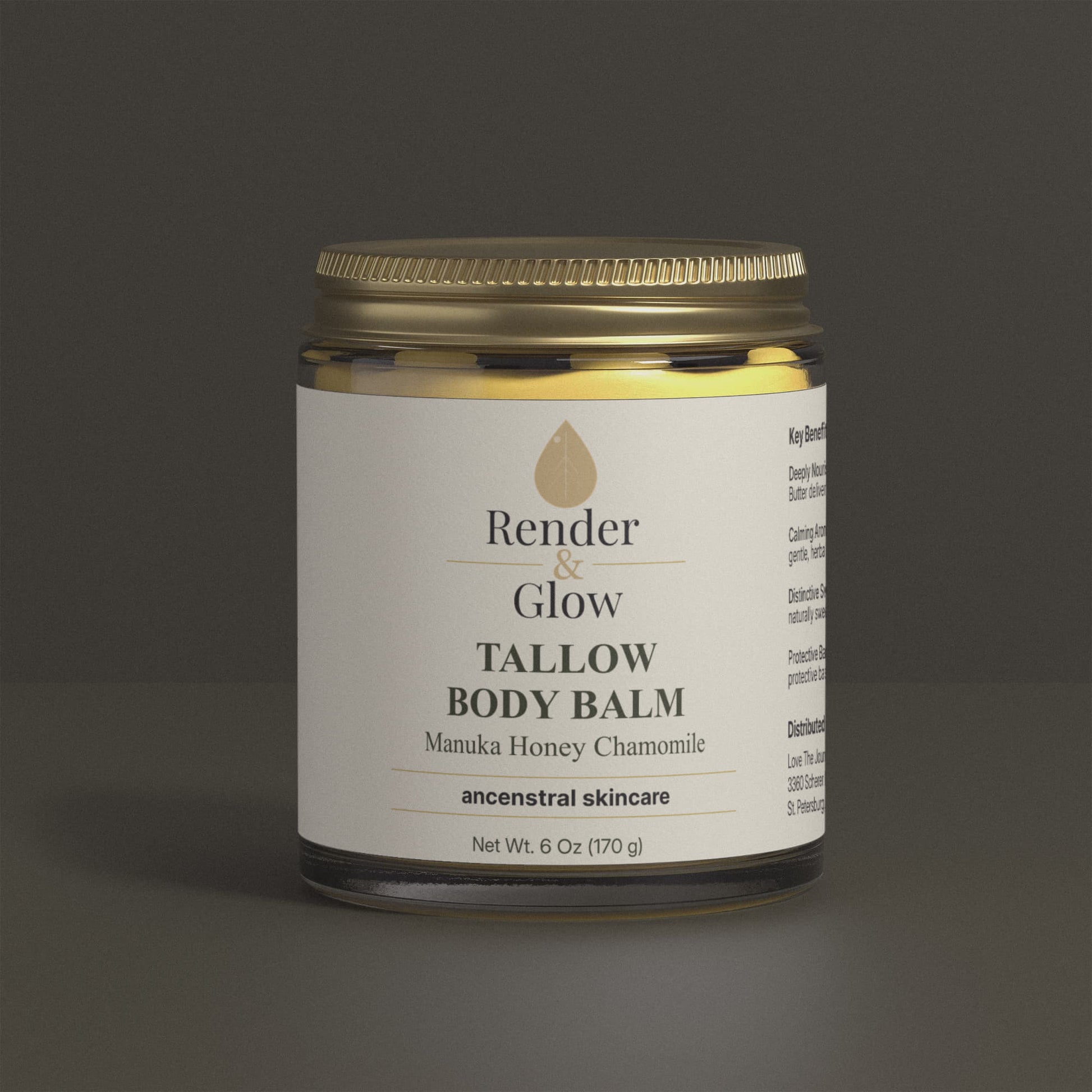 Render & Glow Tallow Body Balm with Manuka honey and chamomile for hydration, shown on a dark background.