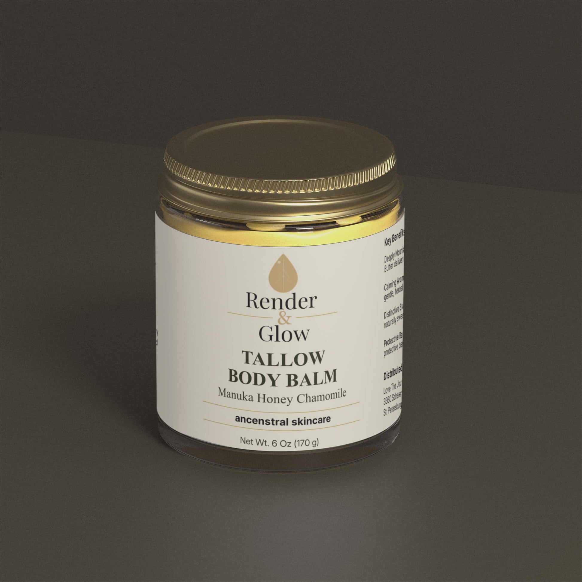 Render & Glow Tallow Body Balm with Manuka Honey and Chamomile provides intense daily hydration for your skin.