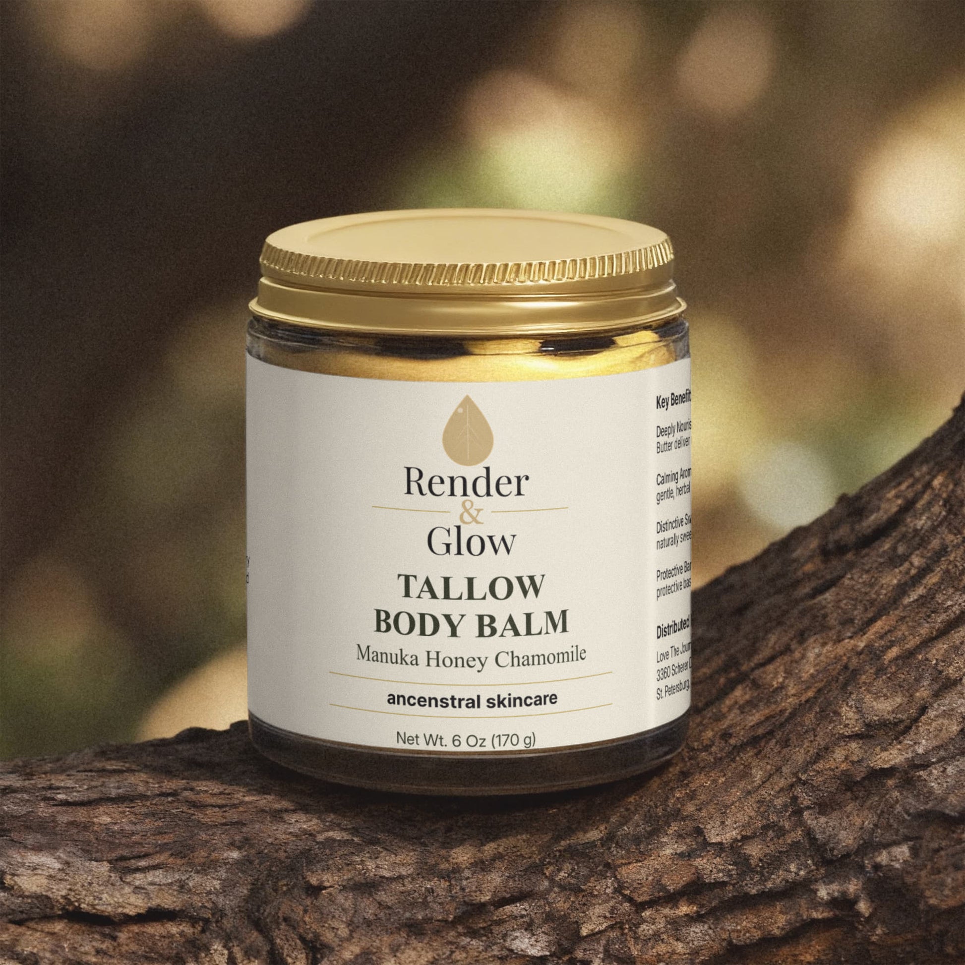 A jar of Render & Glow Tallow Body Balm rests on a tree branch, surrounded by a blurred natural background.