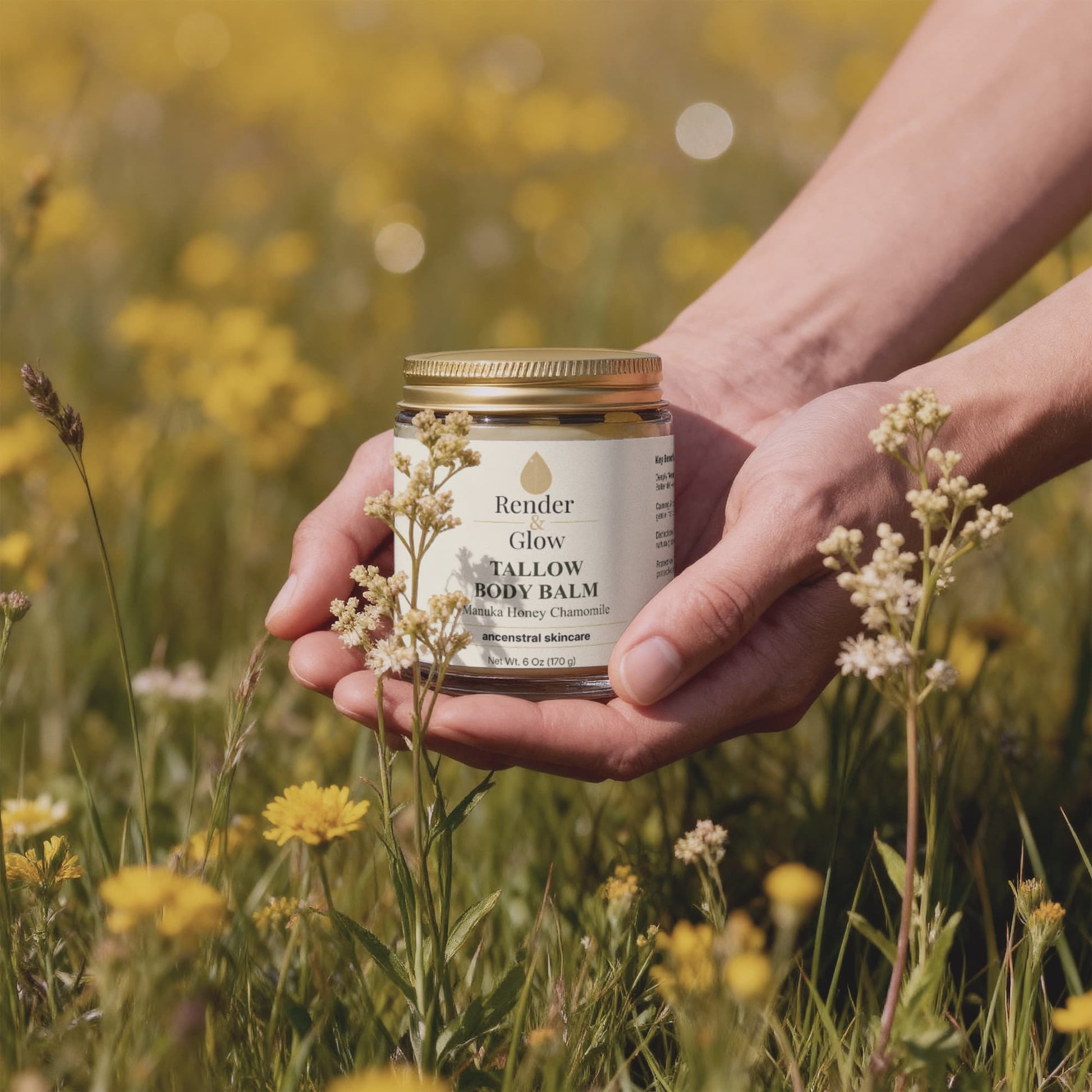 Hands holding Render & Glow Tallow Body Balm with grass-finished beef tallow for daily hydration in a field of wildflowers.