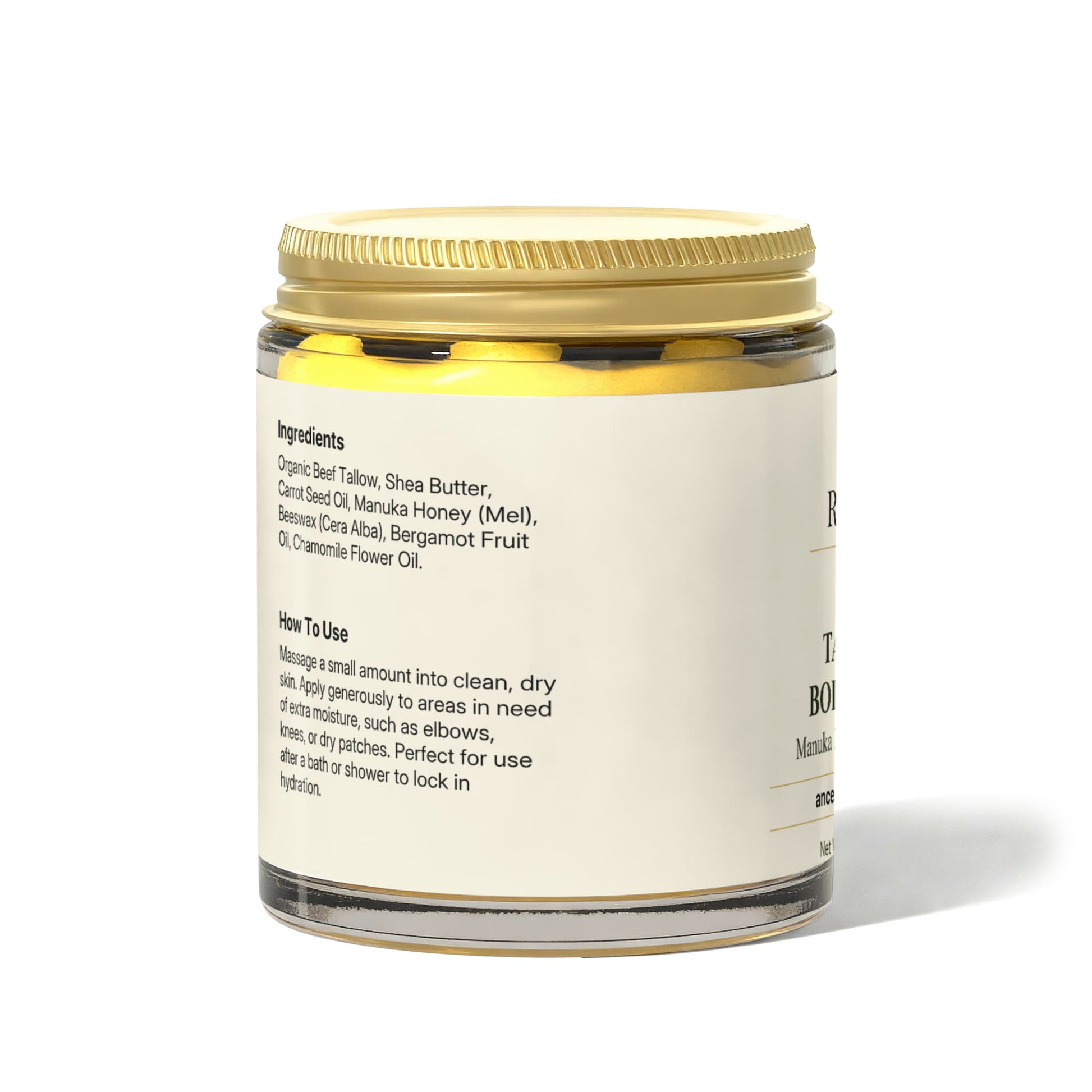 Render & Glow’s Tallow Body Balm comes in a glass jar with a gold lid; label details ingredients and usage.