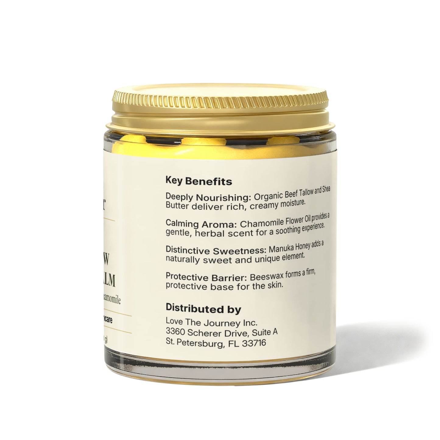 A glass jar with a gold lid labeled Render & Glow Tallow Body Balm for intense daily hydration.