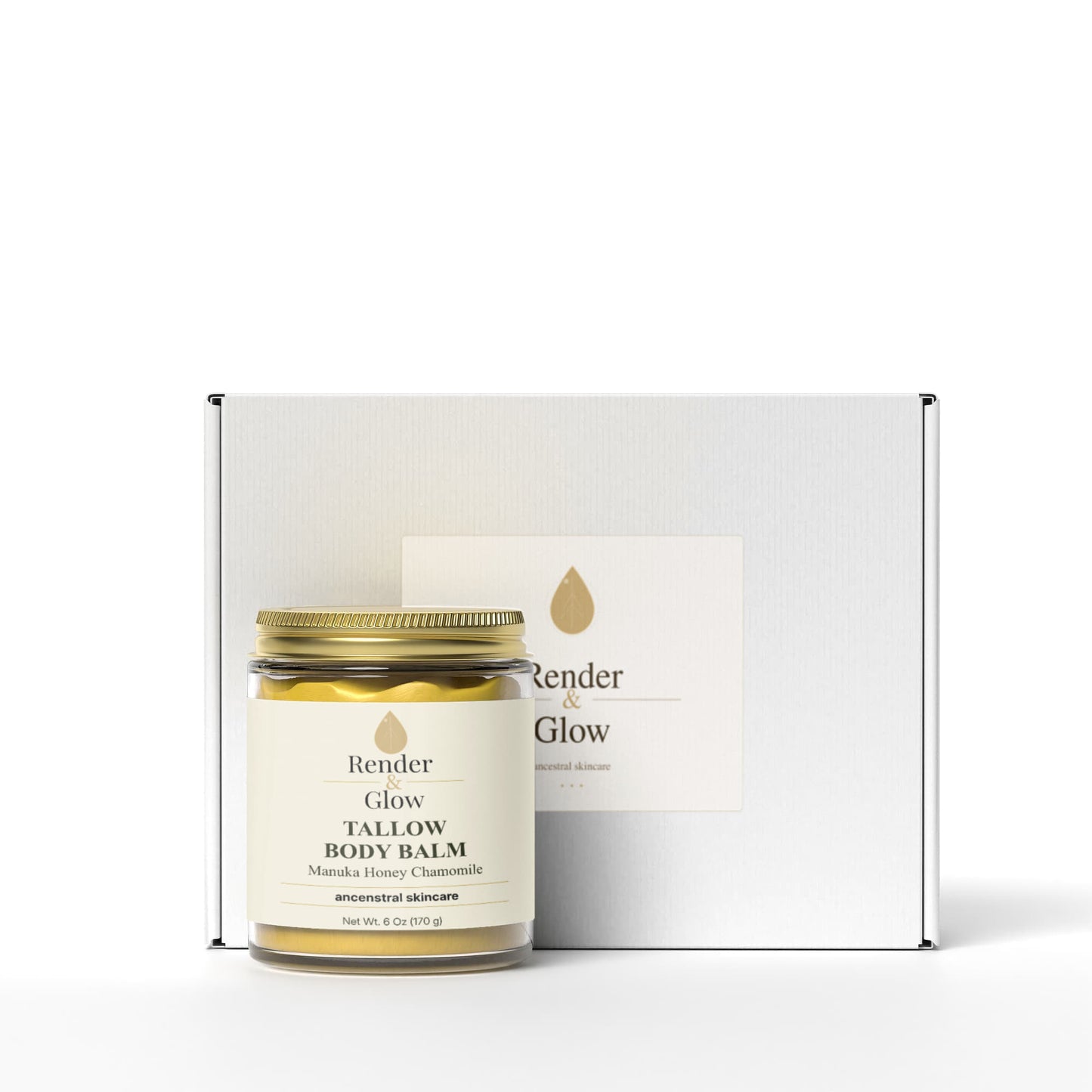 Render & Glow Tallow Body Balm delivers intense daily hydration, shown in a jar before a white branded box.