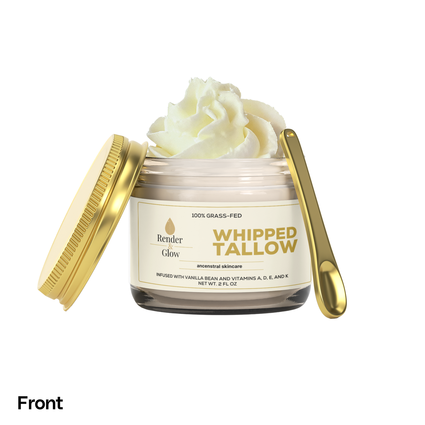 Open jar of Render & Glow Whipped Tallow Skin Balm, cream inside, with gold lid and gold spatula beside it.