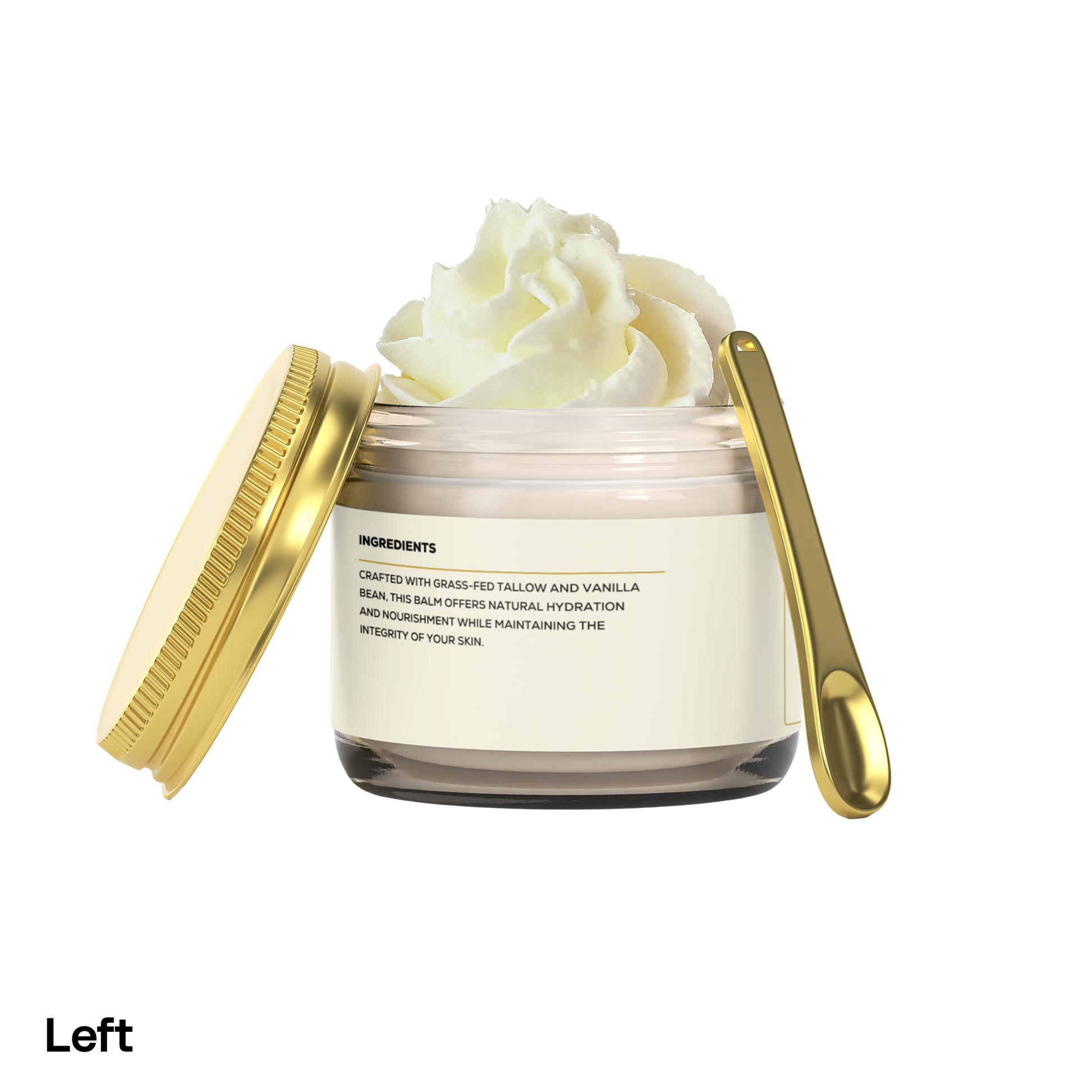 Render & Glow Whipped Tallow Skin Balm in a glass jar with gold lid, spoon, and cream swirl on white background.