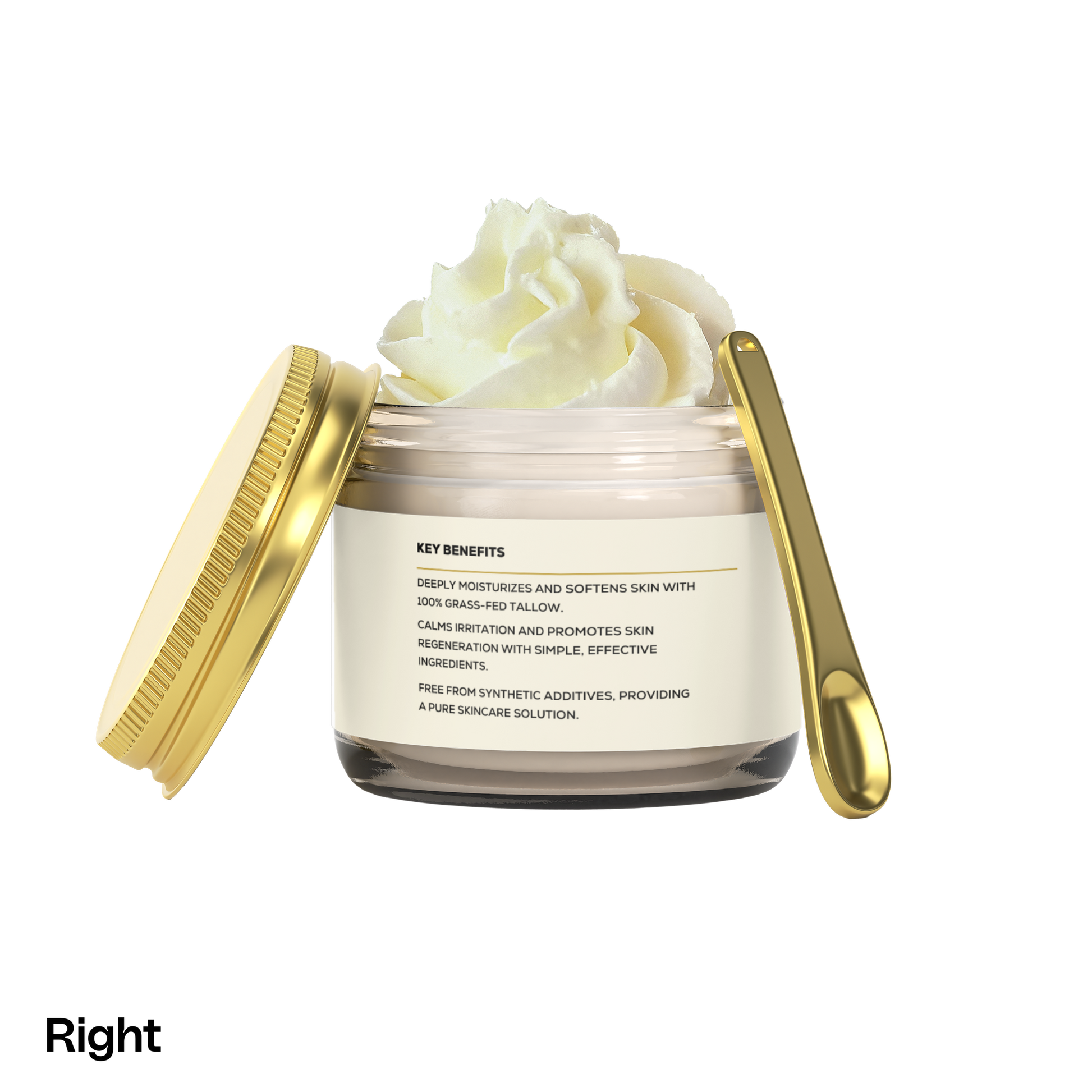Render & Glow Whipped Tallow Skin Balm in a cream jar with gold lid and spoon, shown on a white background.