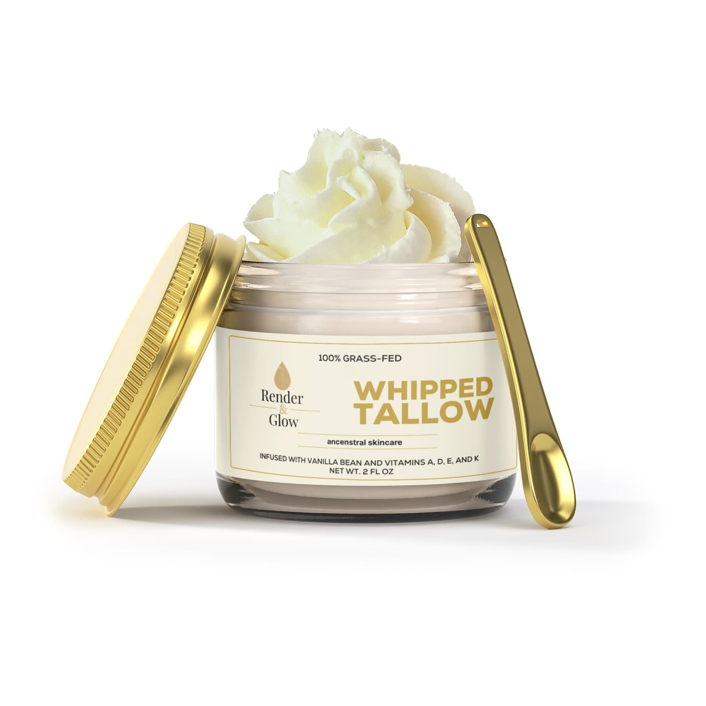 A jar of Render & Glow Whipped Tallow Skin Balm with a golden lid, spoon, and creamy balm swirled on top.