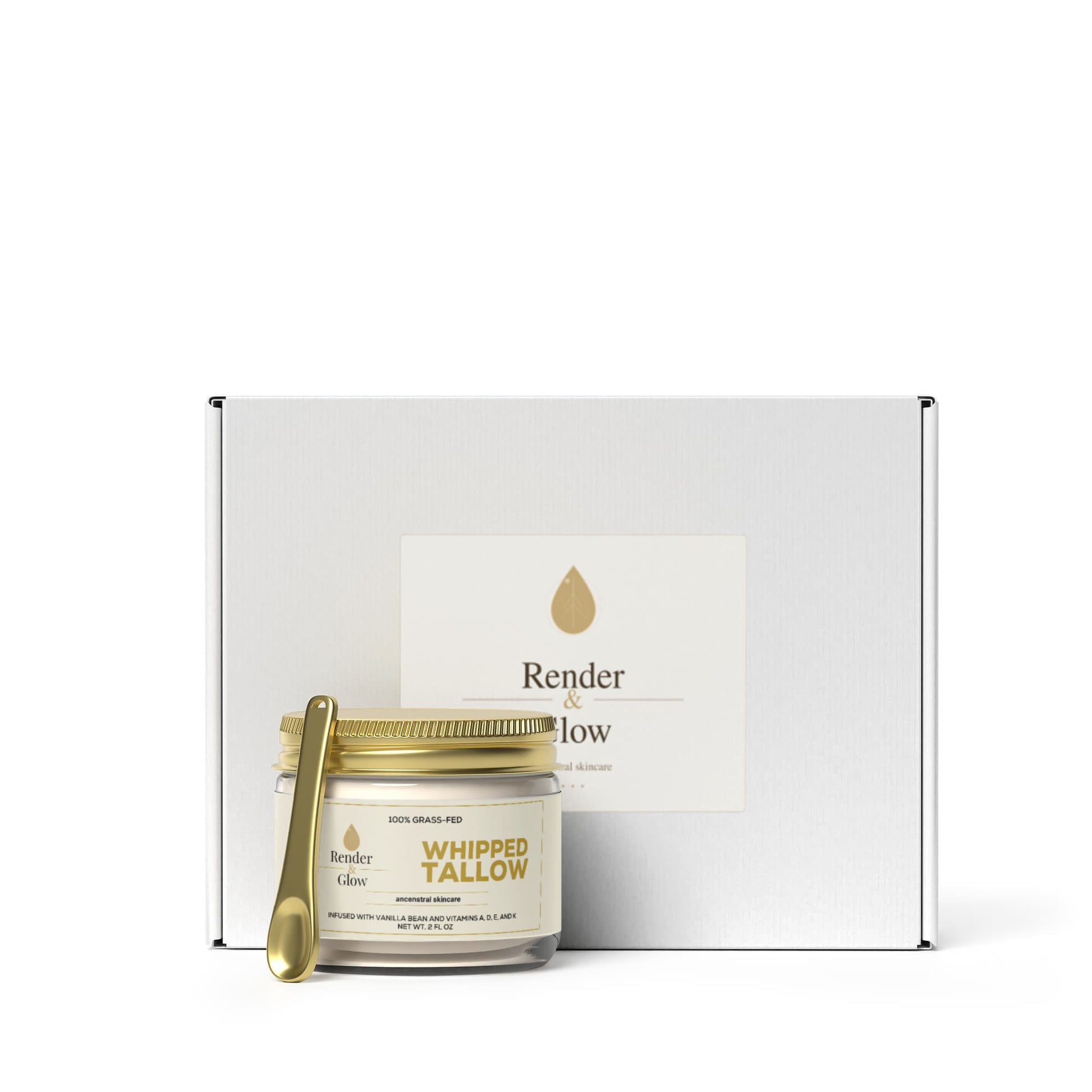 A jar of Render & Glow Whipped Tallow Skin Balm with a gold spoon sits before a white brand box.