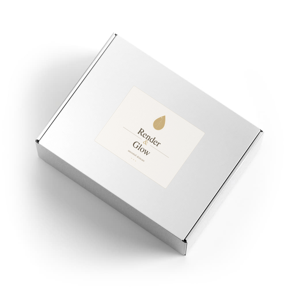 A white box labeled Render & Glow with a gold droplet icon, featuring Whipped Tallow Skin Balm.