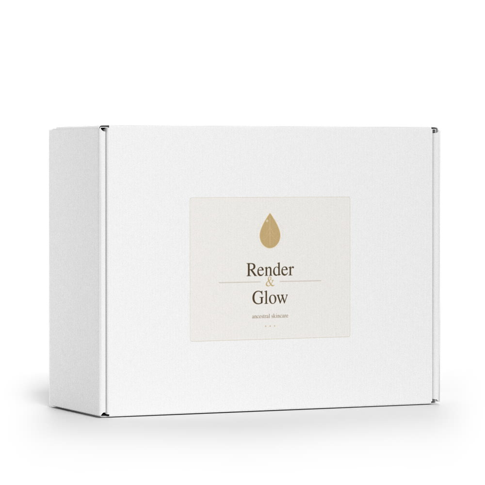 White box with beige label reading Render & Glow Whipped Tallow Skin Balm, featuring a simple drop icon above.
