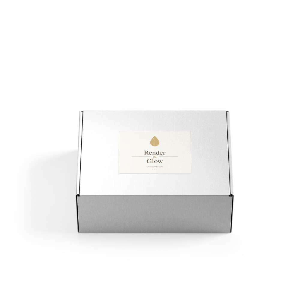 A white box with a cream label reads Render & Glow, featuring a gold droplet and Whipped Tallow Skin Balm.