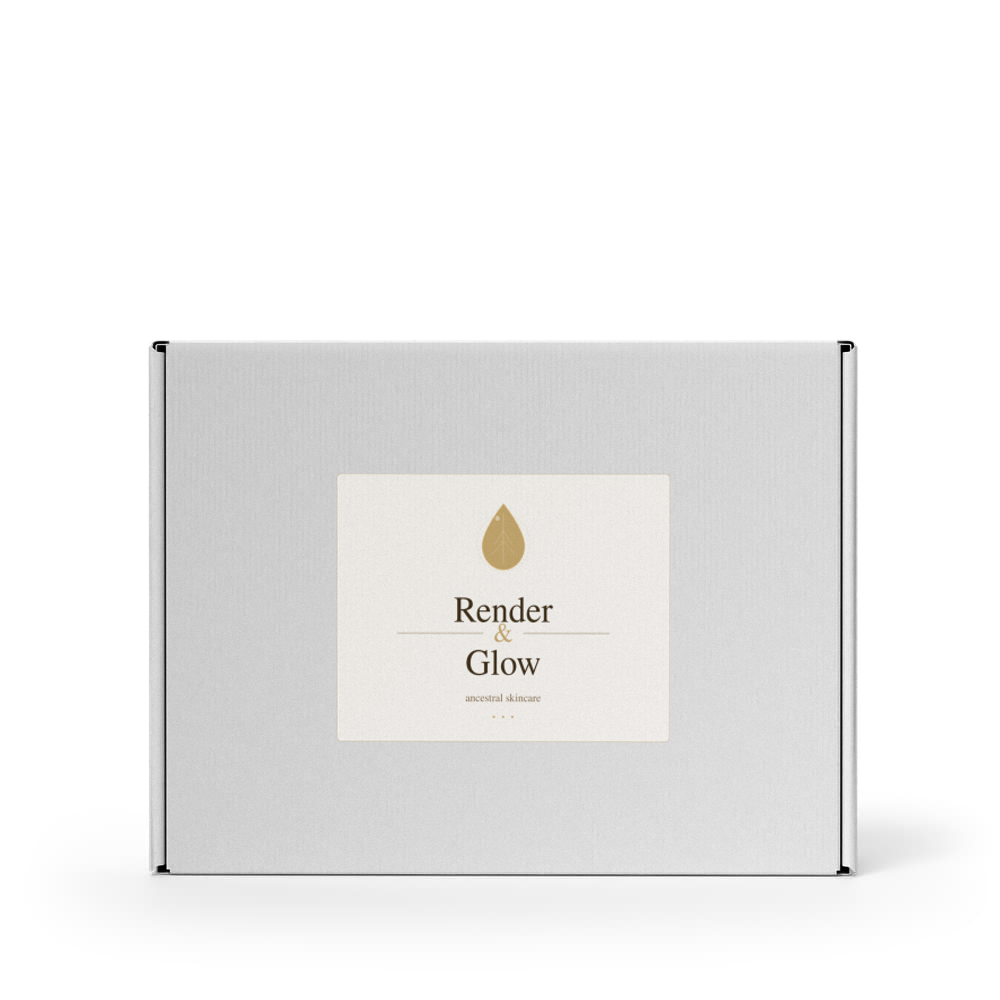 A white box with a beige Render & Glow label, droplet icon, and Whipped Tallow Skin Balm moisturizer.