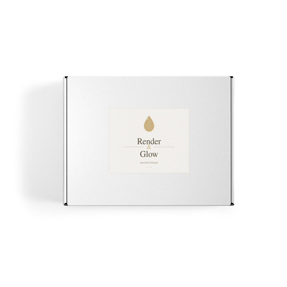 A white box labeled Render & Glow with a gold droplet, featuring Whipped Tallow Skin Balm on a cream square.